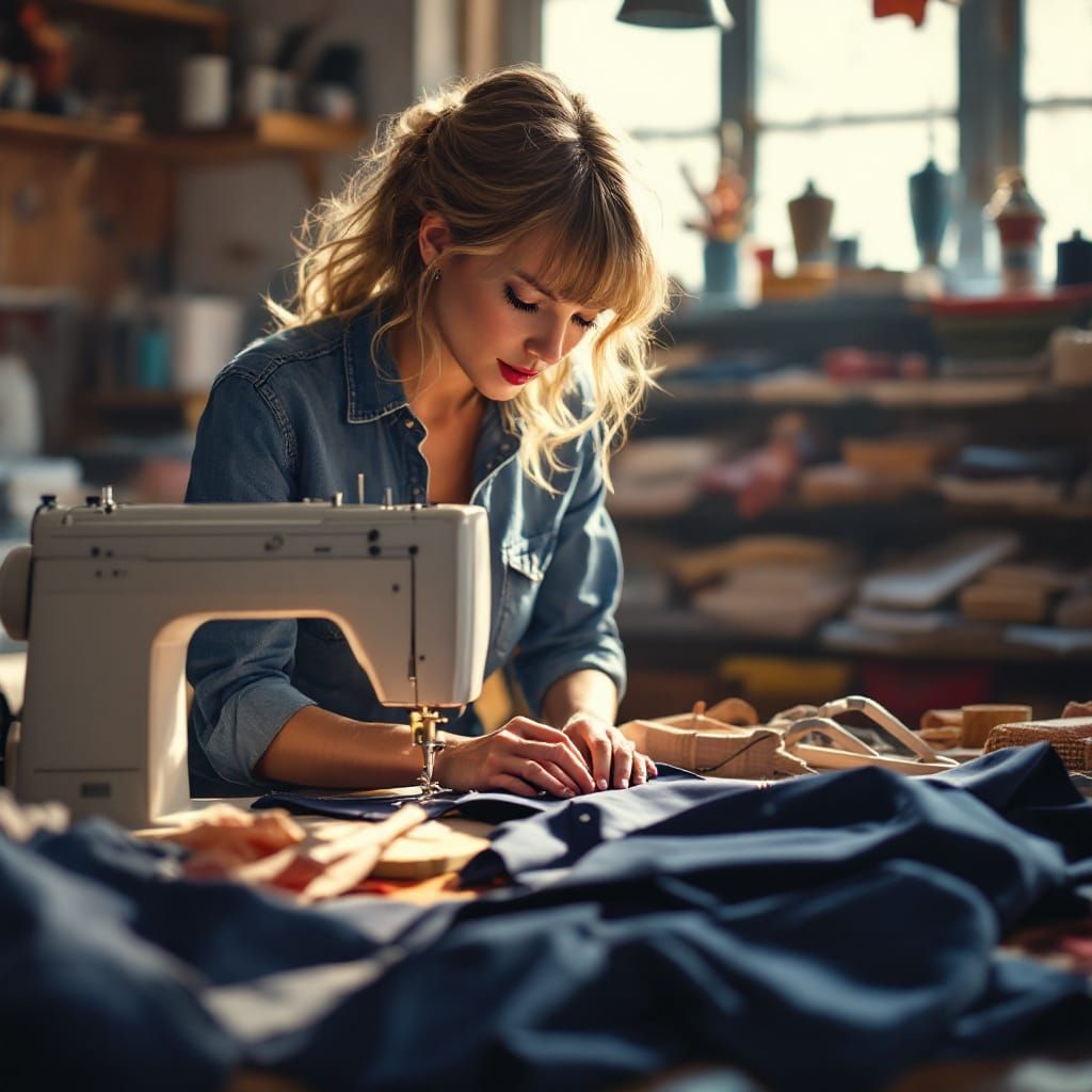 Taylor Swift Tailors Blazer in Photorealistic Workshop Scene