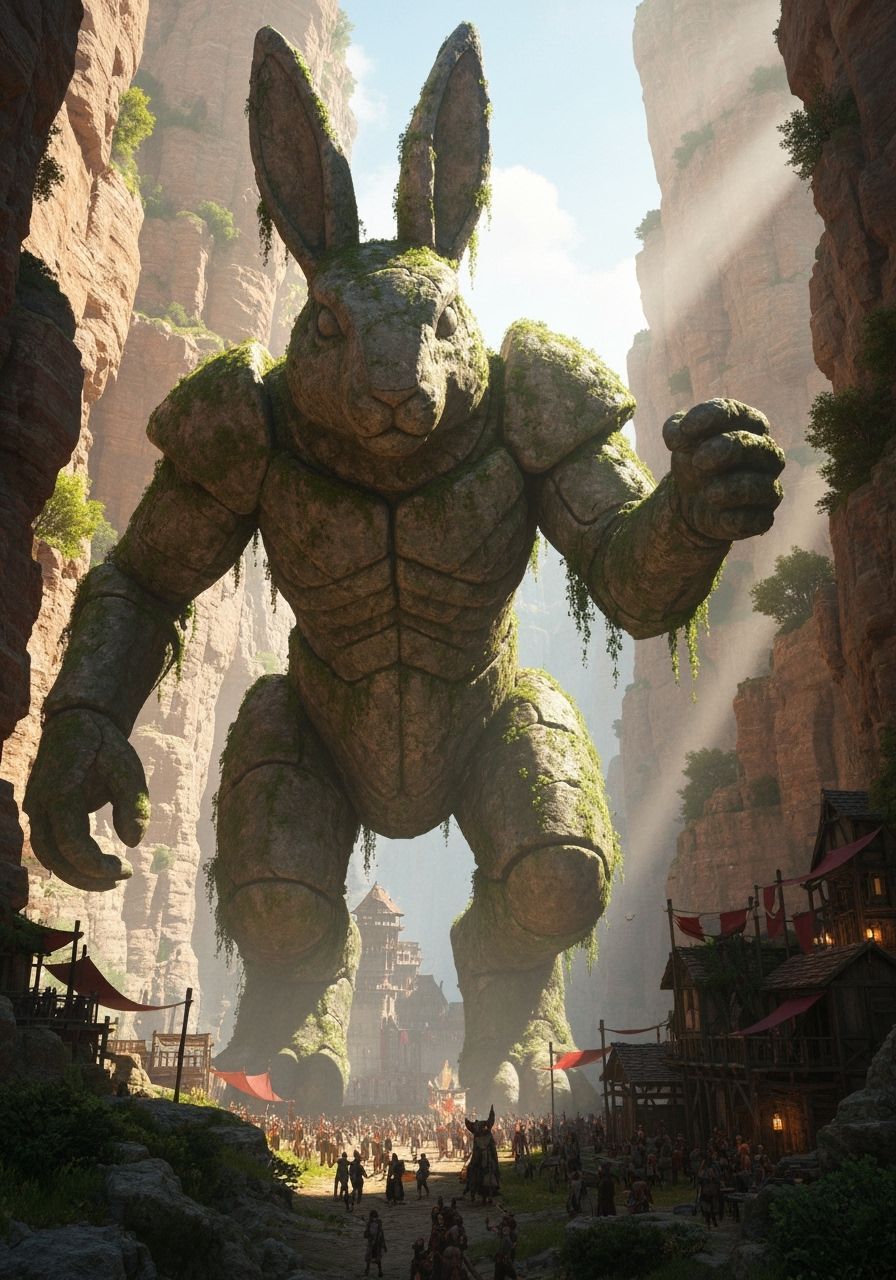 Stone Rabbit Golem Guards Medieval Village