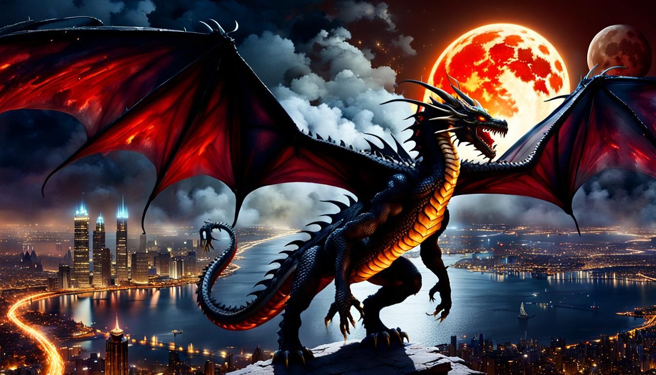 Majestic Black Dragon Overlooking City at Night