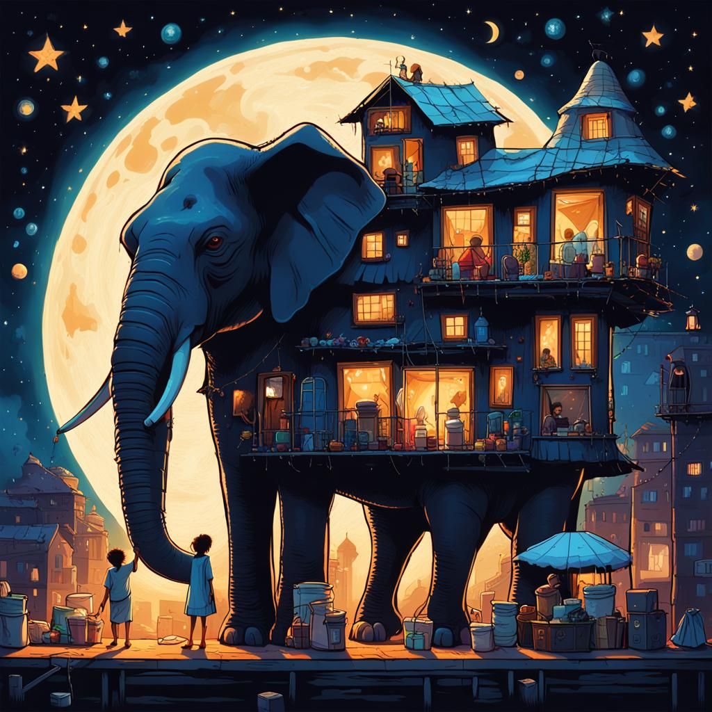 Elephant Carrying Tiny Slums at Night