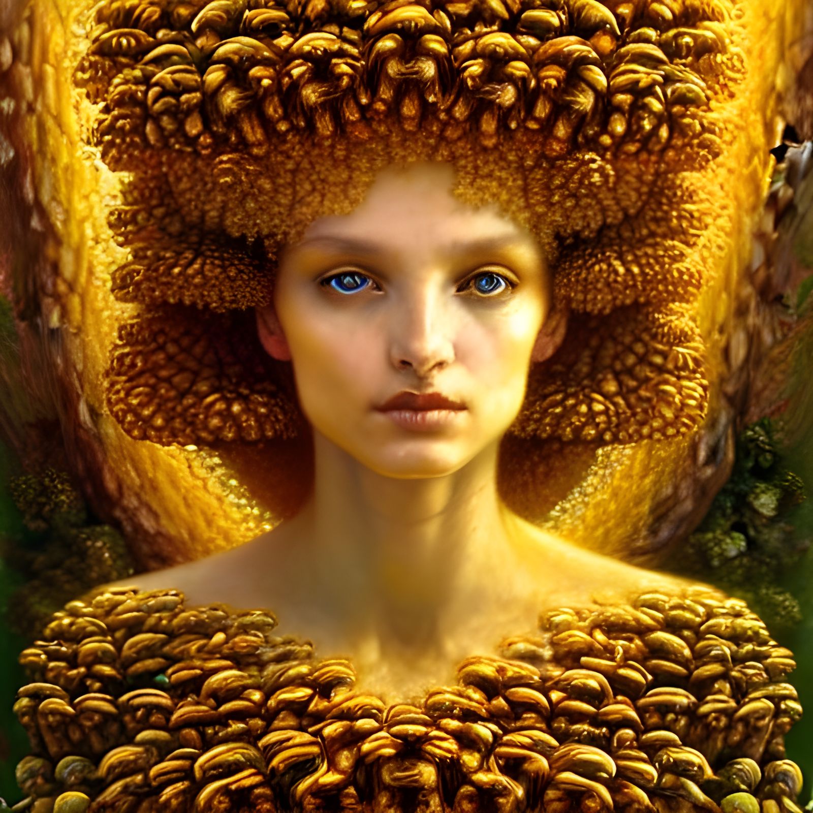 Goddess in Golden Mushrooms: Detailed Photoillustration
