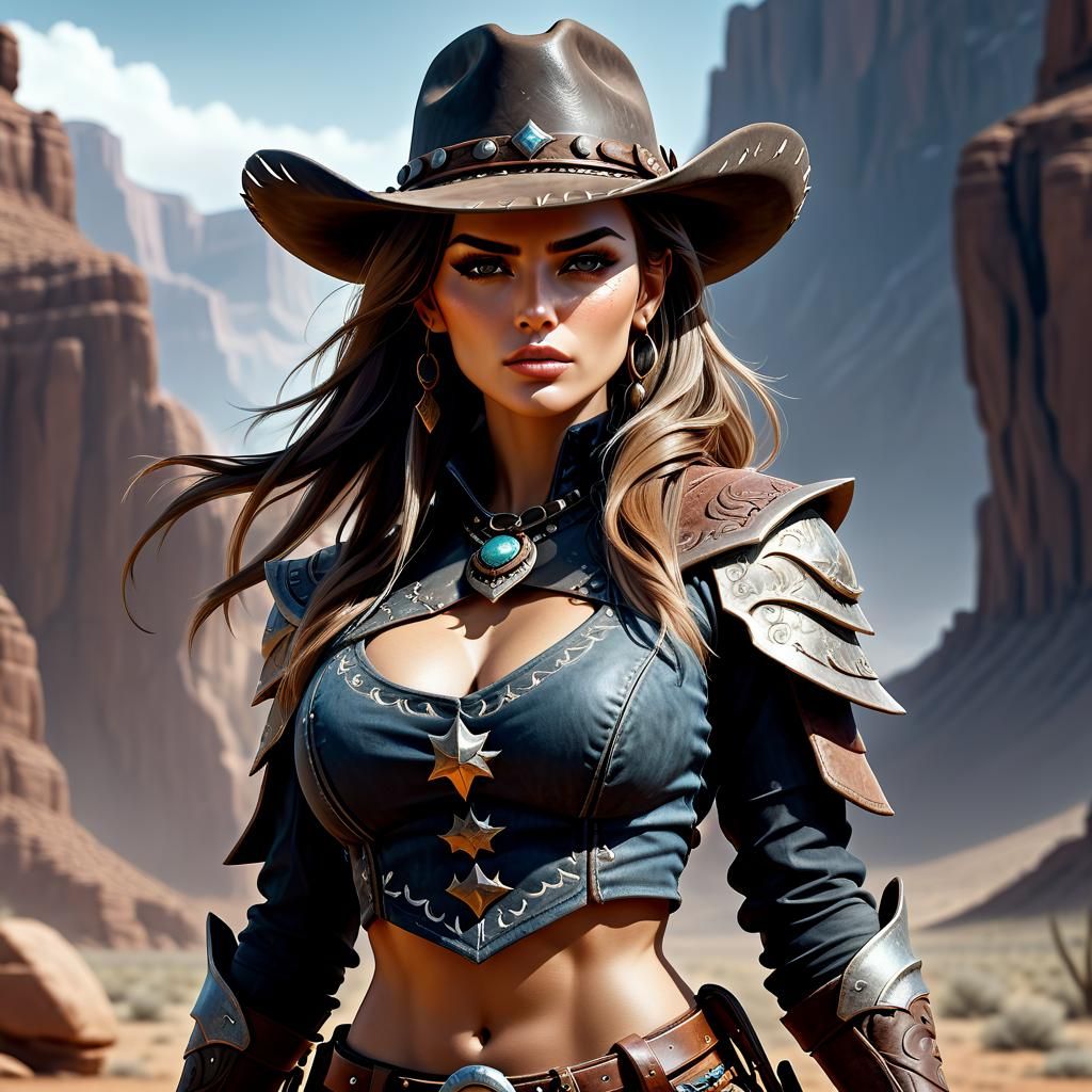 Gorgeous Female Cowboy Warrior in Dark Fantasy Style