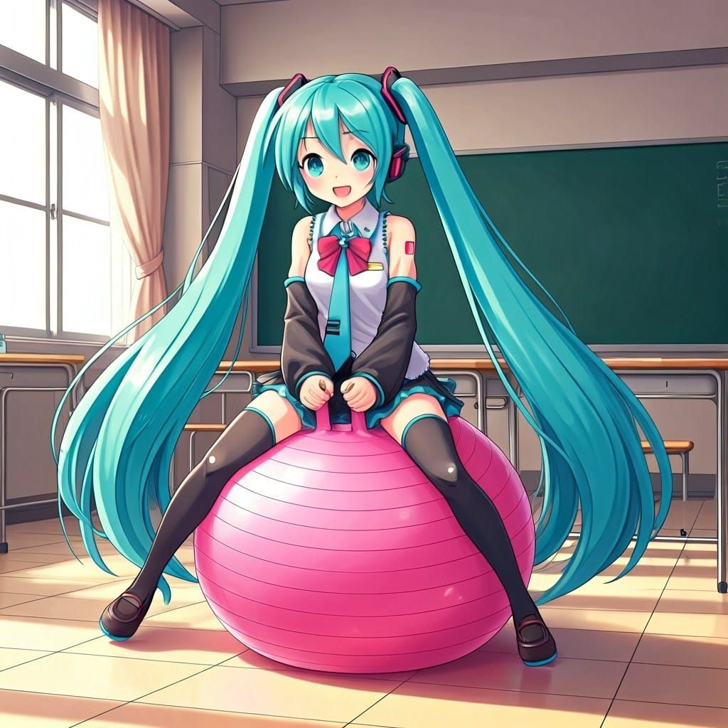 Hatsune Miku Bounces on Colorful Exercise Ball in Anime Styl...