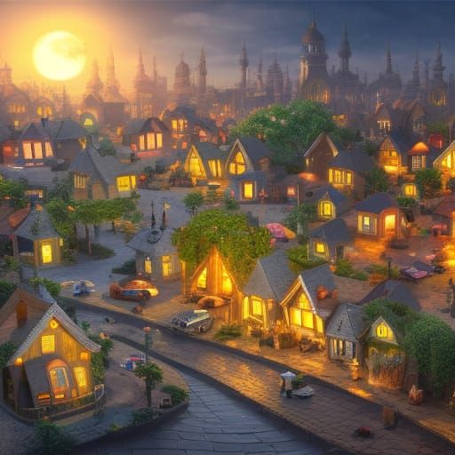 Miniature Town at Sunset: Detailed Fantasy Concept Art