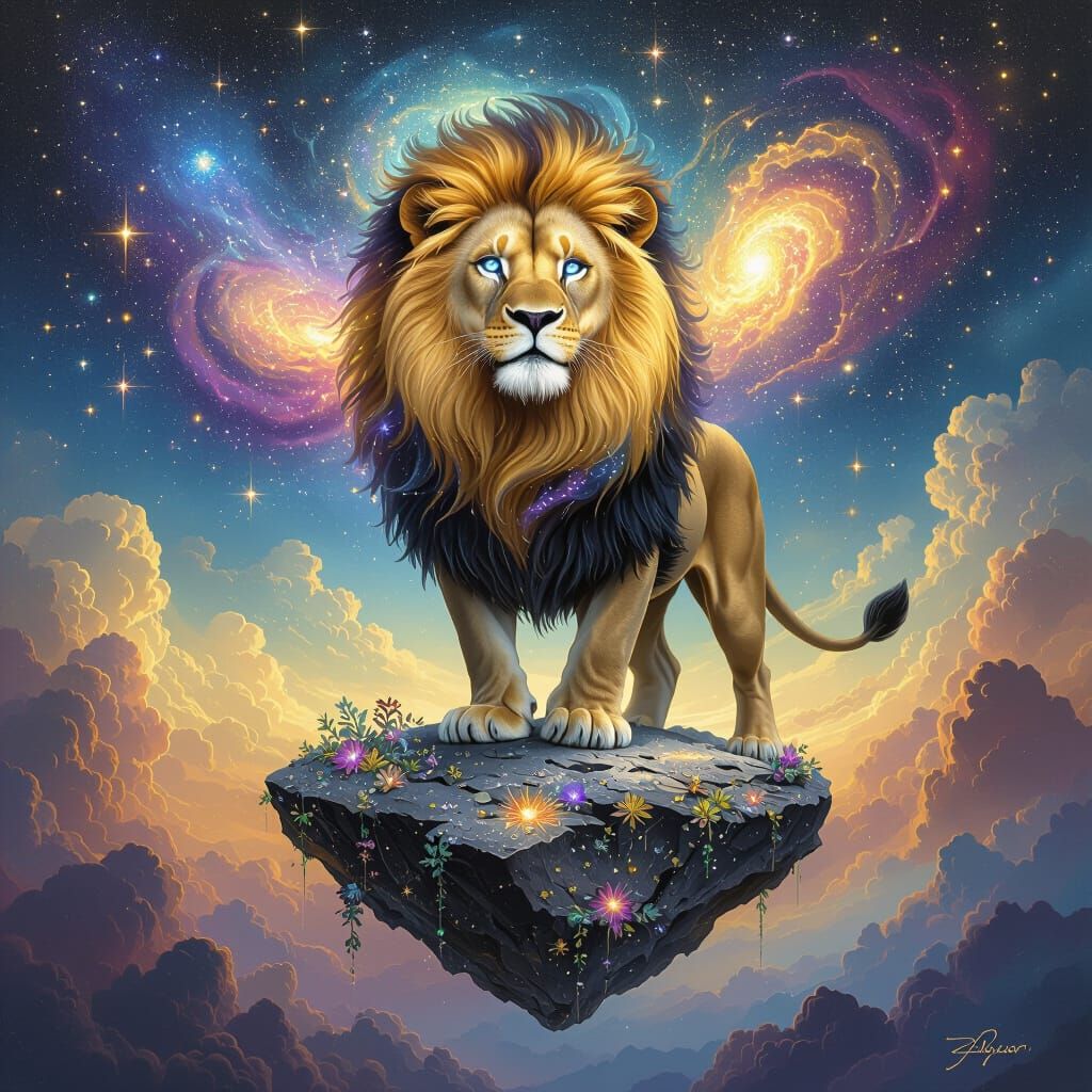 Cosmic Lion with Nebula Mane on Asteroid