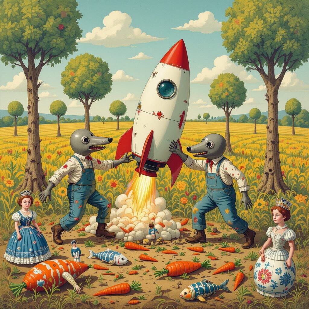 Surreal Field with Jackal Trees and Rocket Farmers