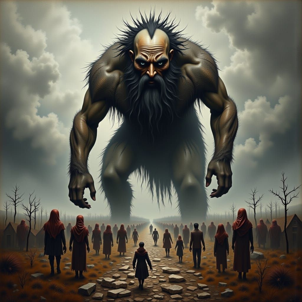 Giant Looms Over Village in Norse Style