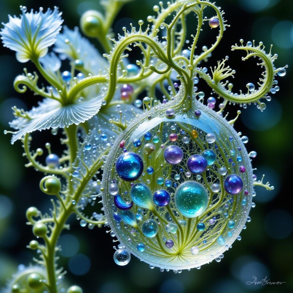 Intricate Dew Drop Filled With Microbes in Ethereal Style