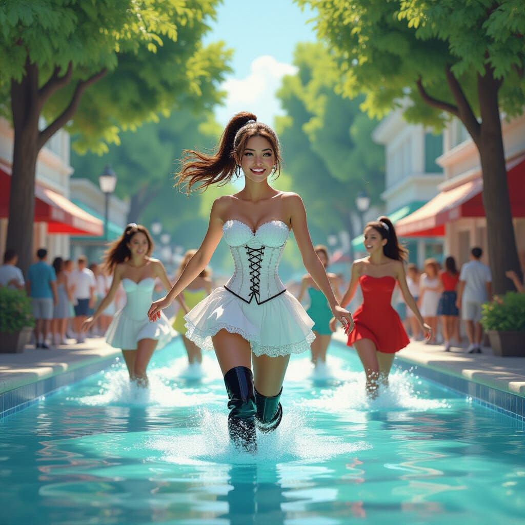 Hyperrealistic Girl in White Corset Runs Through Vibrant Poo...