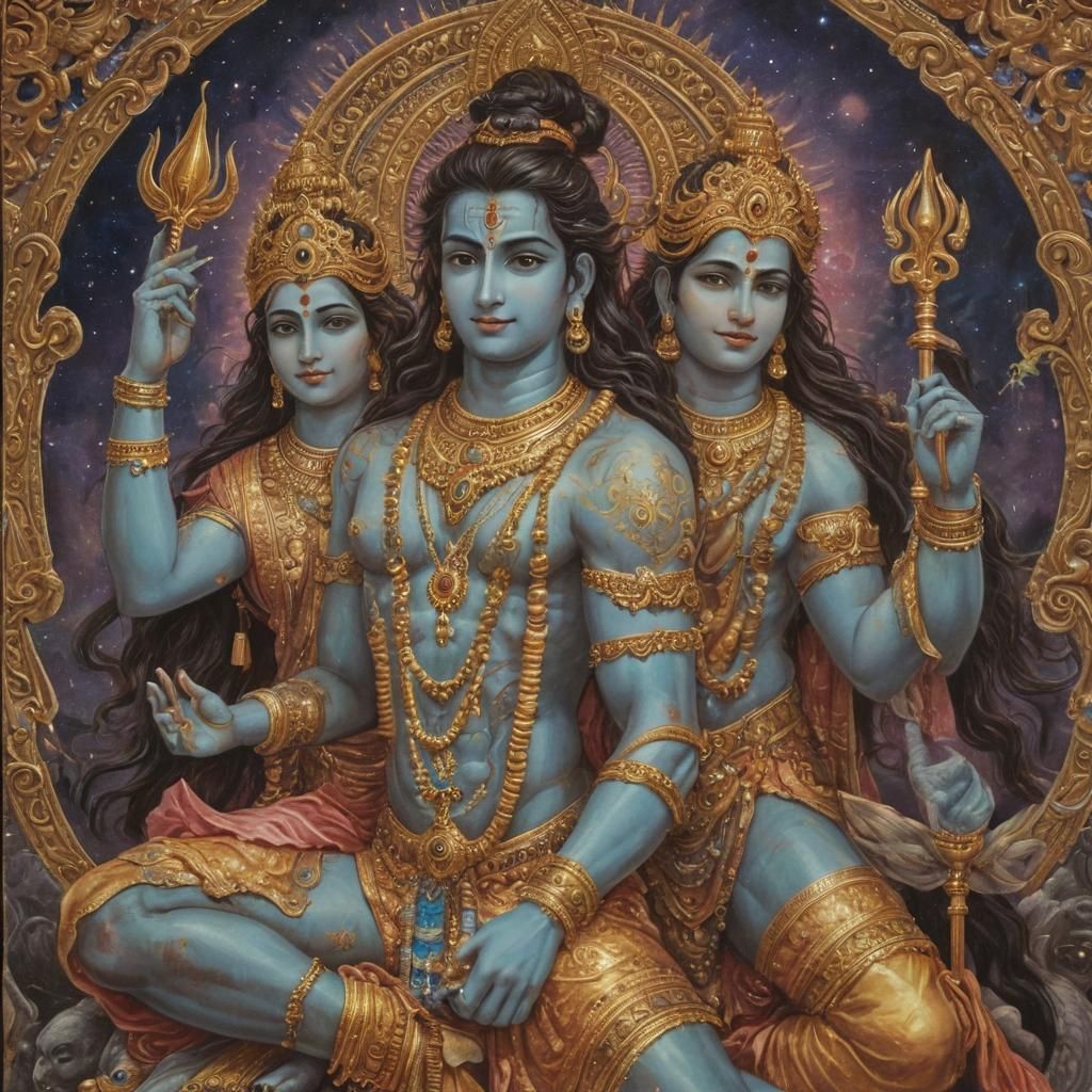 Hindu Deities: Vishnu, Shiva, and Bhraman in Oil Painting