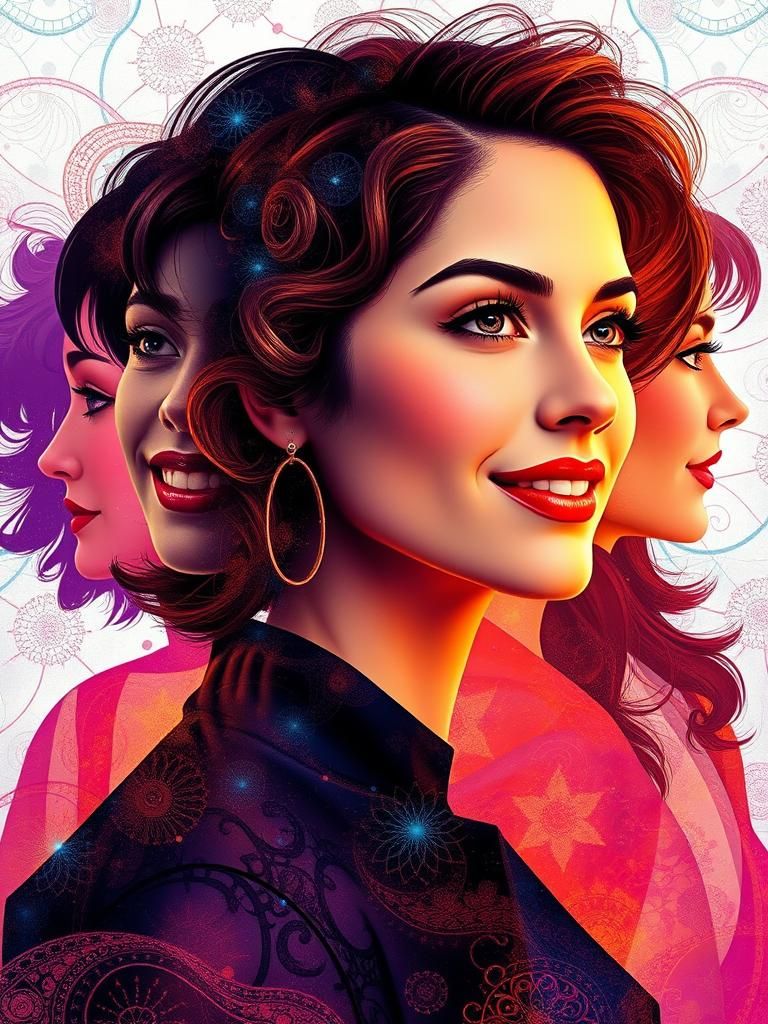 Overlapped Woman with Friends in Hyper-Realistic Splash Art