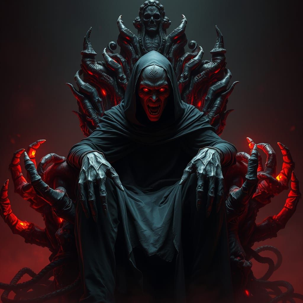 Dark Gothic Figure Reigns Over Twisted Throne of Fleshy Hand...