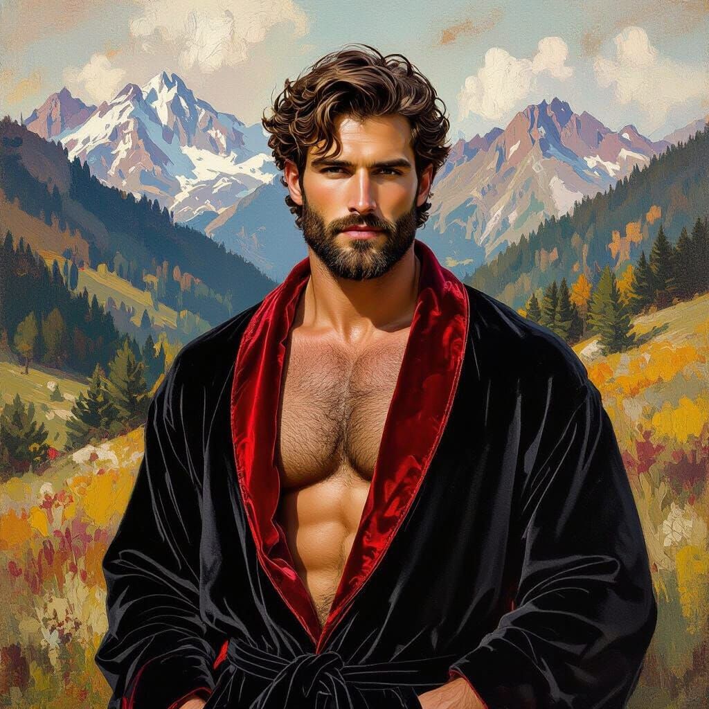 Muscular Man in Velvet Robe: Impasto Portrait