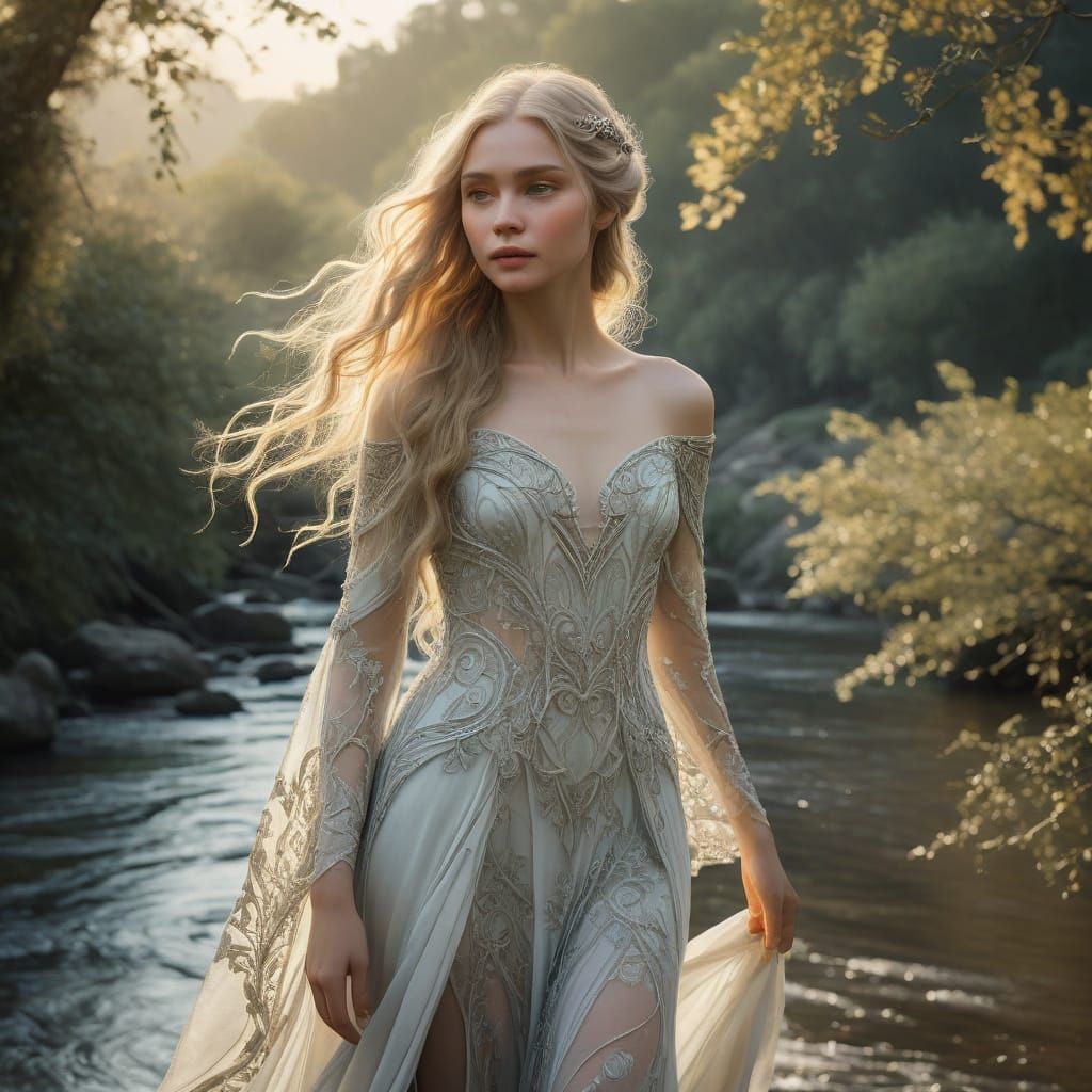 Ethereal Elf Goddess Strolls Along Riverbank in Art Nouveau ...