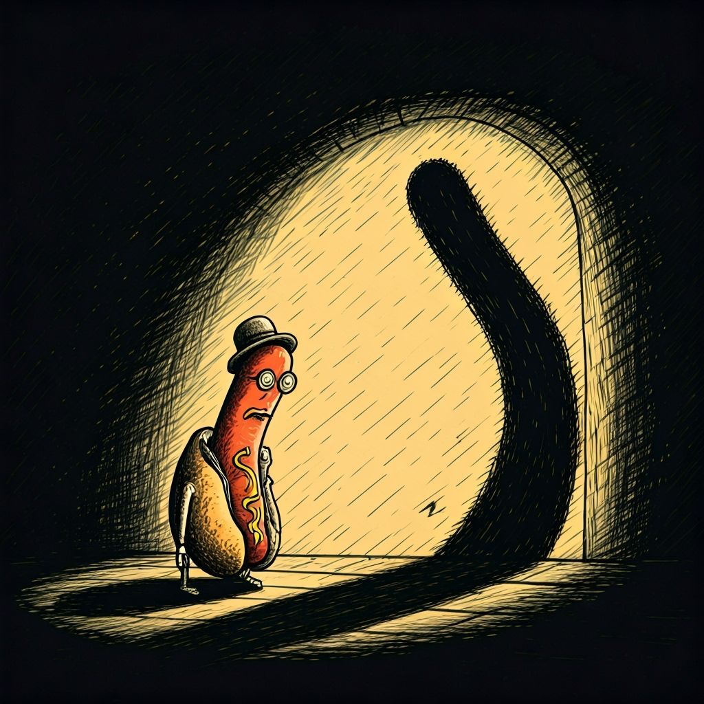 Sinister Hotdog Shadow as Gothic Pen-and-Ink Illustration