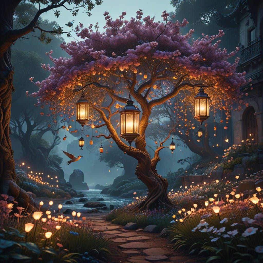 Whimsical Art Nouveau Masterpiece: Spring Tree in Bloom