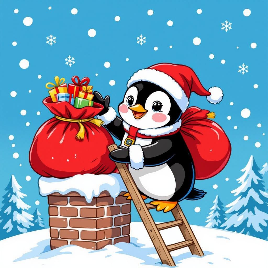 Festive Penguin Delivers Christmas Gifts as Watercolor Art