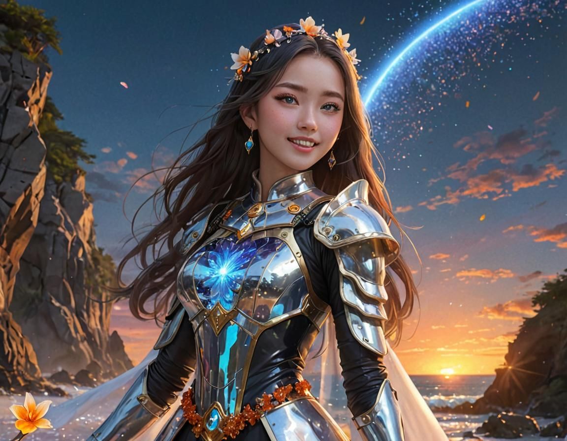 Anime Girl on Glass Beach with Cosmic Armor