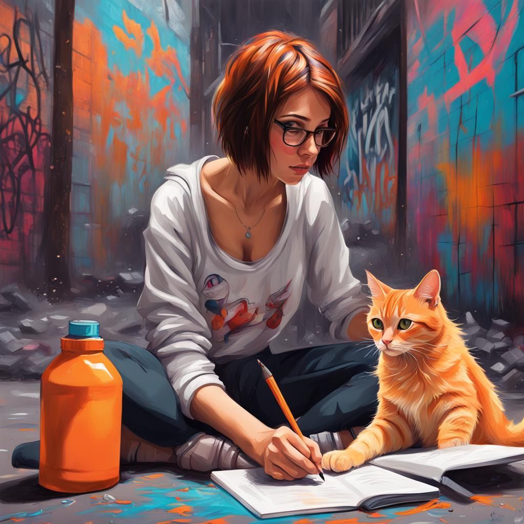Brunette Student and Cat Studying in Graffiti Art Style