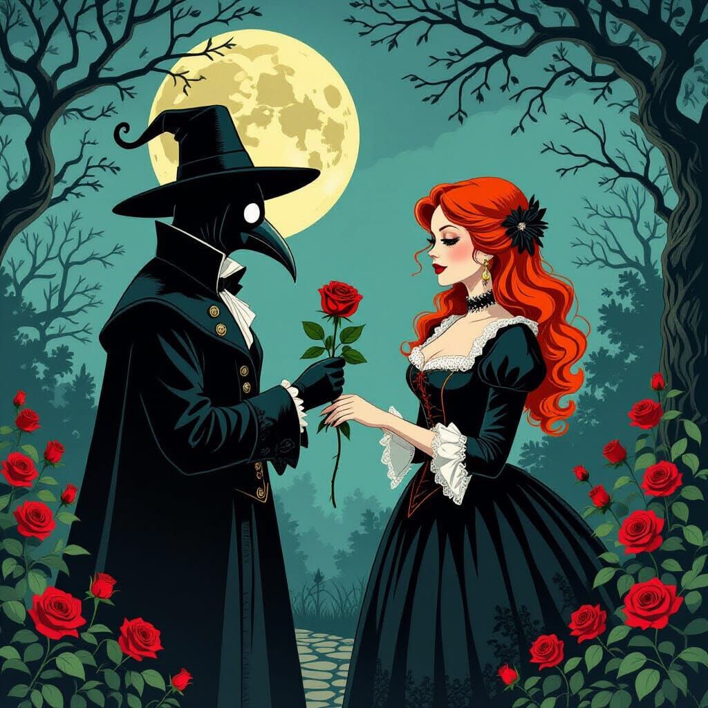 Plague Doctor Offers Rose in Moonlit Garden