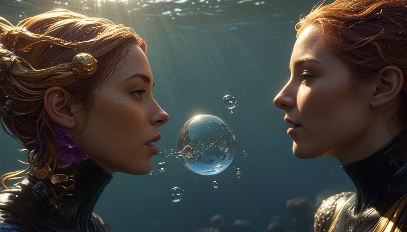 A mesmerizing underwater scene unfolds, showcasing a dynamic interaction between a mythical mermaid and a human diver. T...