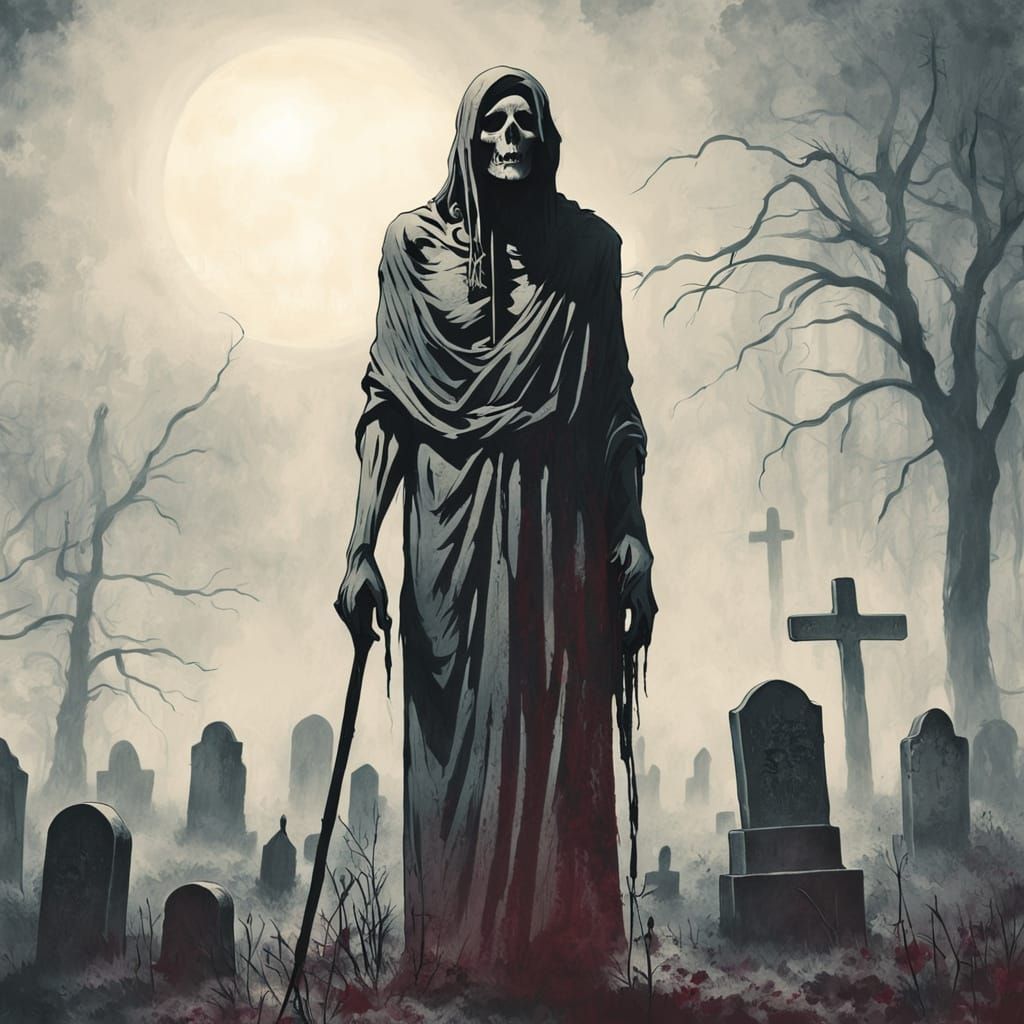 Dark Wraith Stalks Foggy Cemetery in Expressionist Style
