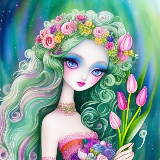 Ethereal Girl with Tulips: Watercolor Fantasy Illustration