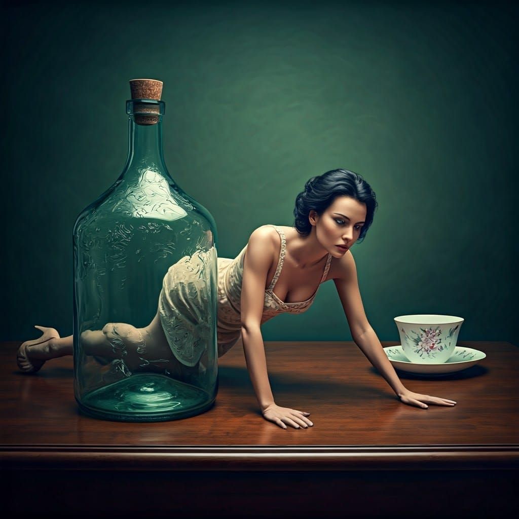 Surreal Woman Crawling on Table, Photorealistic Art