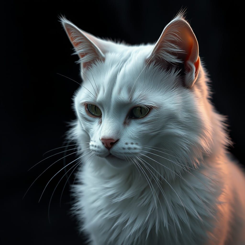 Sorrowful White Cat in Dark Fantasy Setting