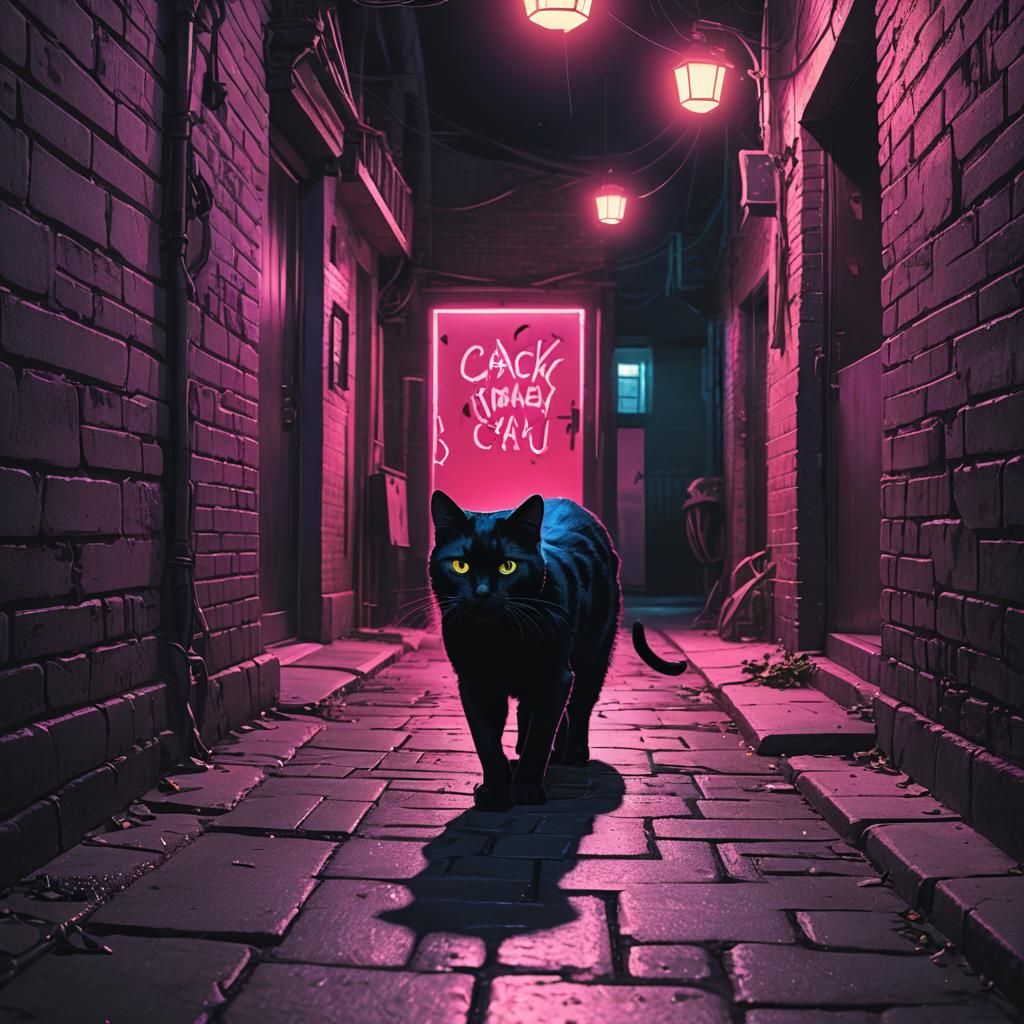 Neon Horror: Black Cat in Dark Alley