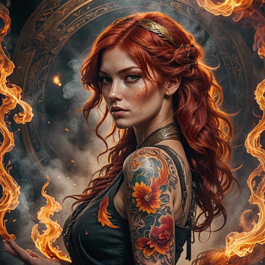 Red-Haired Woman with Phoenix Tattoo, Art Nouveau Style