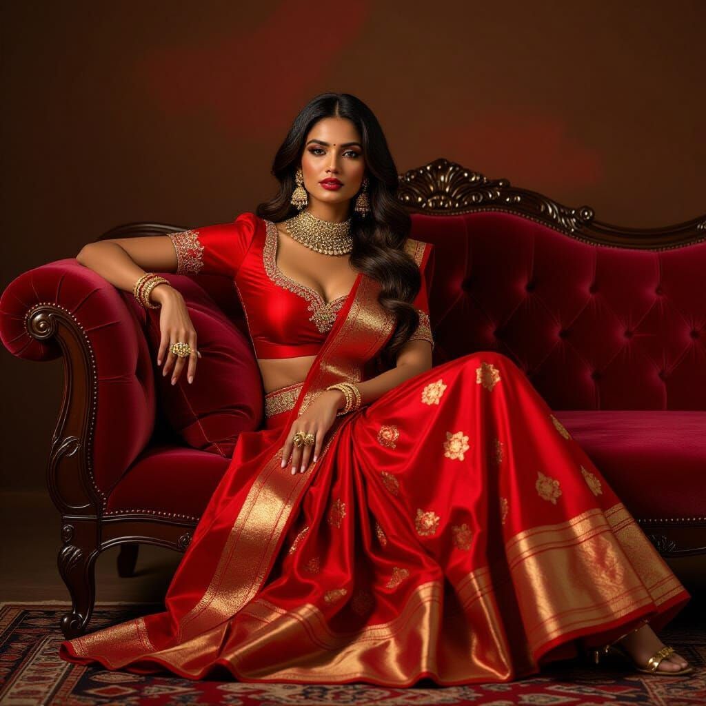 Indian Model in Crimson, Raja Ravi Varma Style