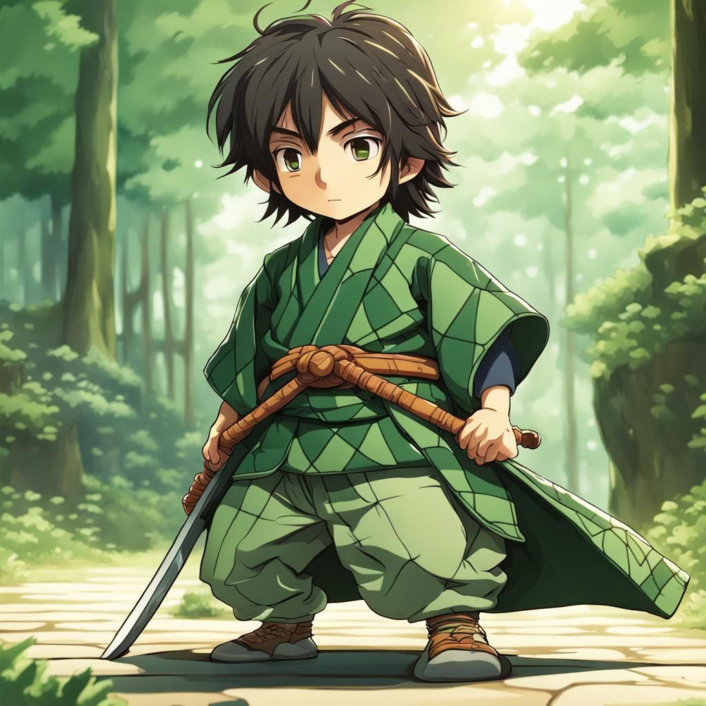 Chibi Samurai in Green Gi, Anime Style