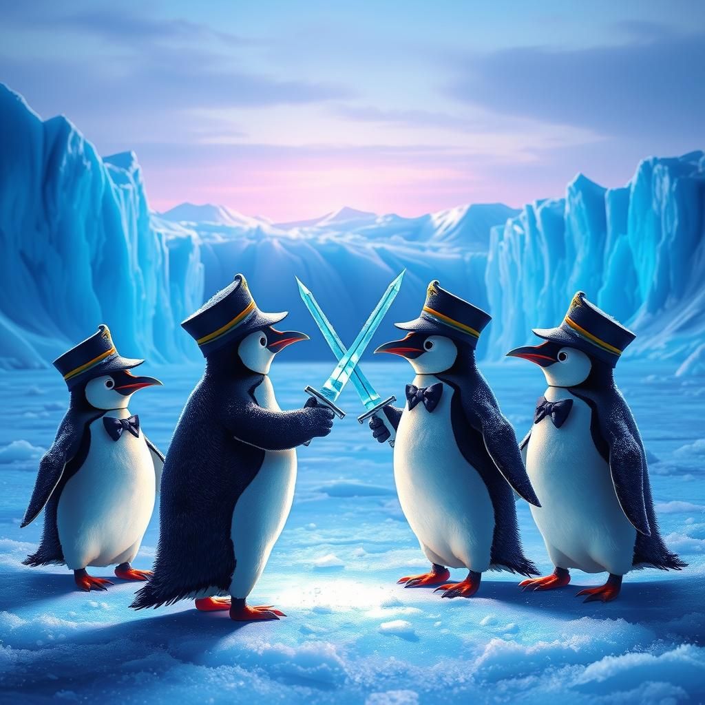 Penguin Duel on Ethereal Glaciers: A Digital Art Piece