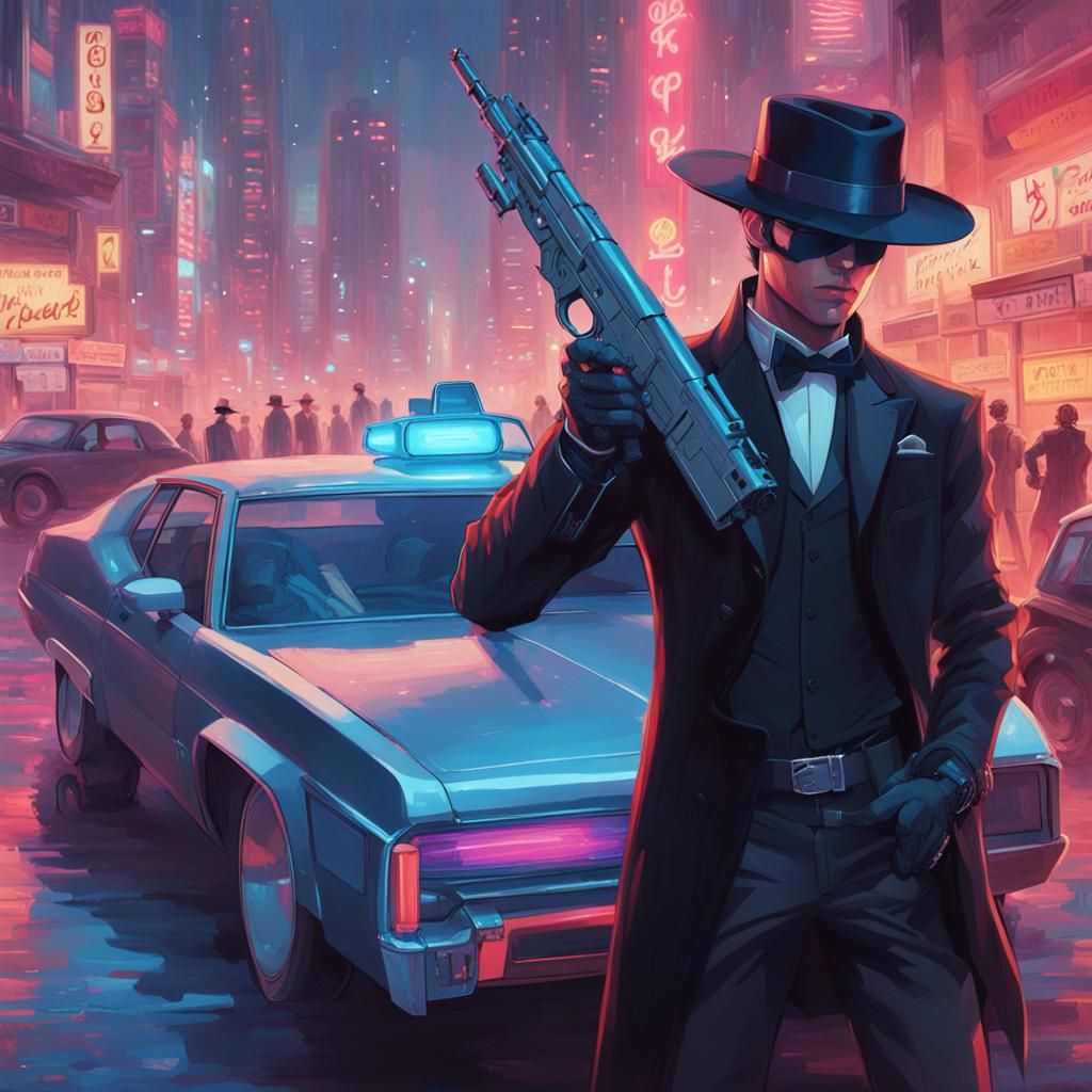 Tuxedo Mask with a gun and a car in the background, artgerm ...