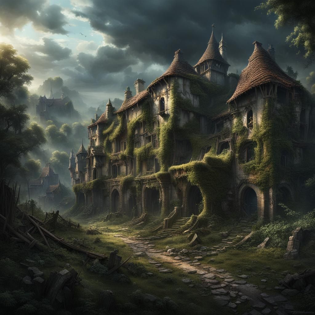 Overgrown Ruined Village in Dark Fantasy Style