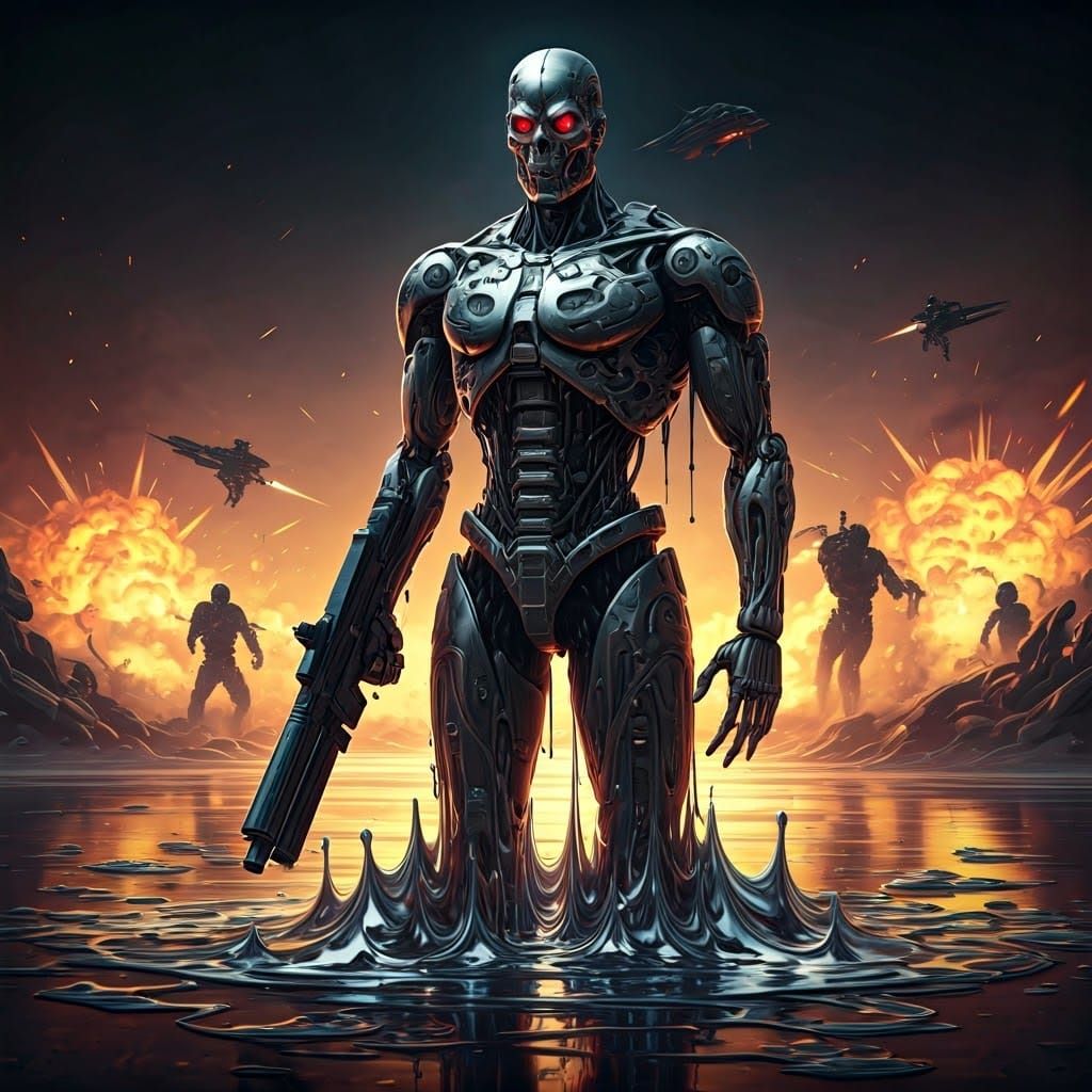 Cyborg Terminator Melts into Chrome Metallic Liquid in Futur...