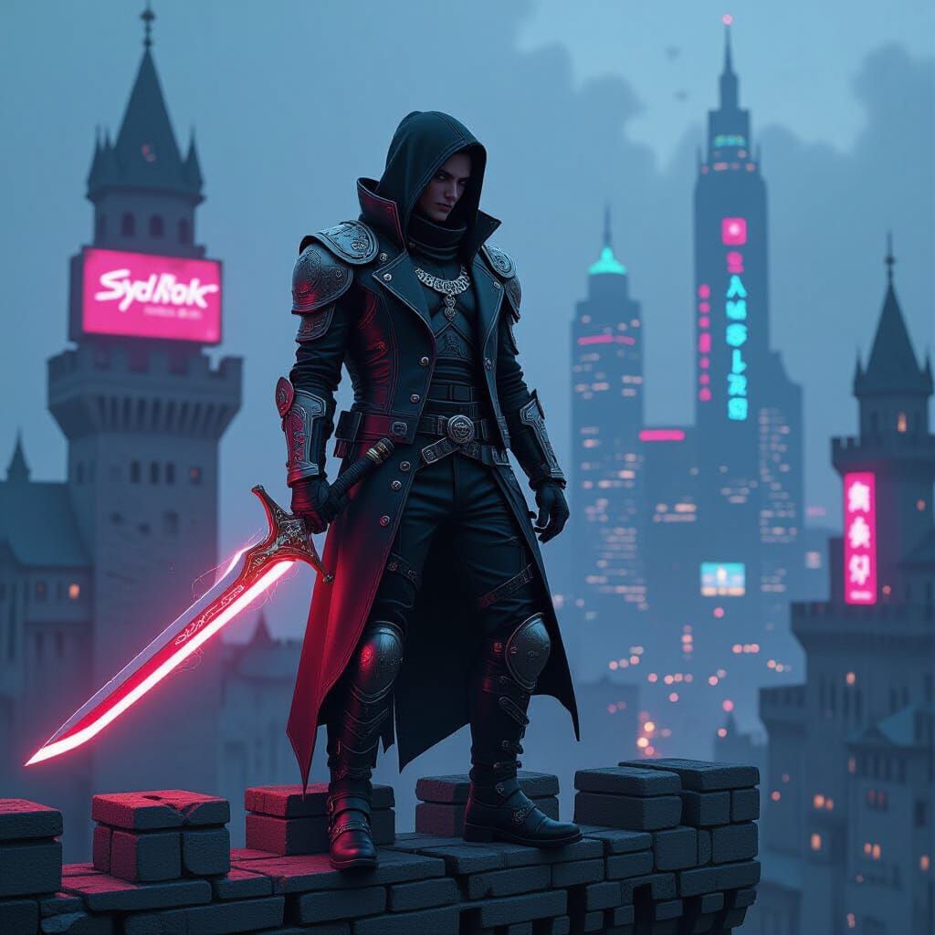 Cyberpunk Elf in Medieval City with Neon Lights