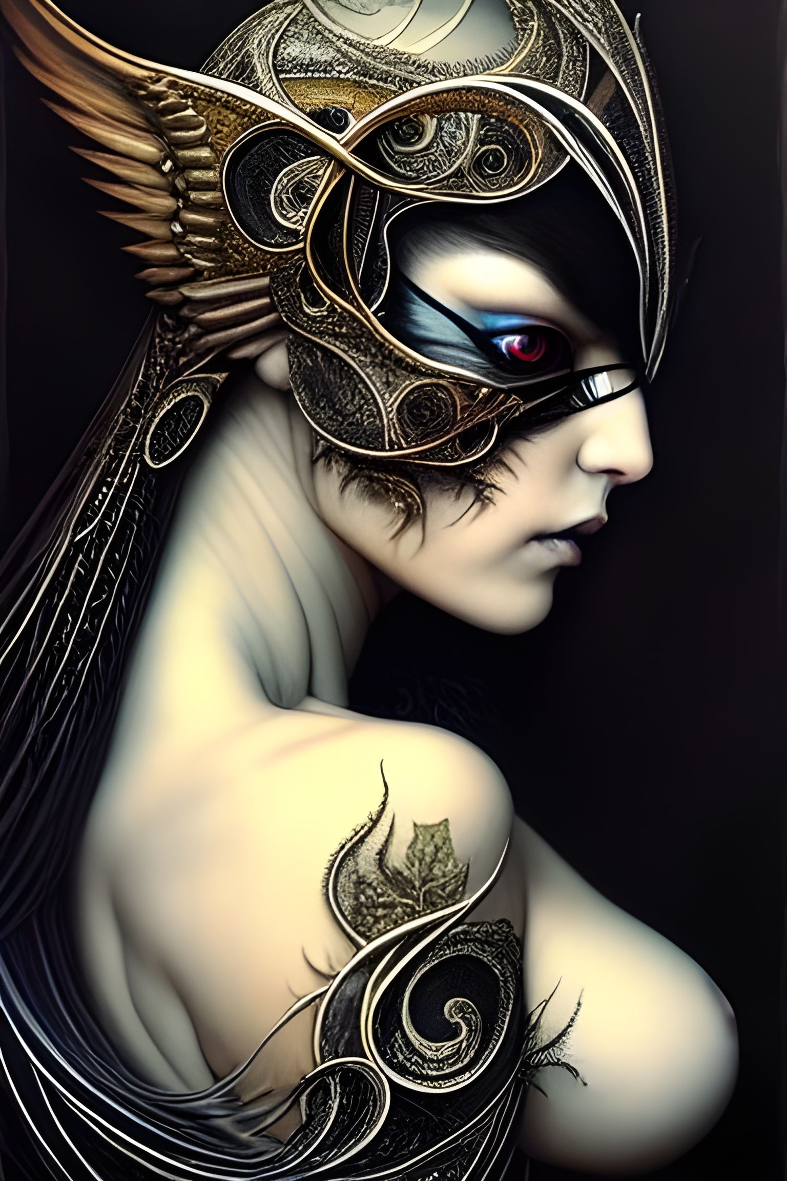 Elegant Bird Woman Portrait in Art Nouveau Style