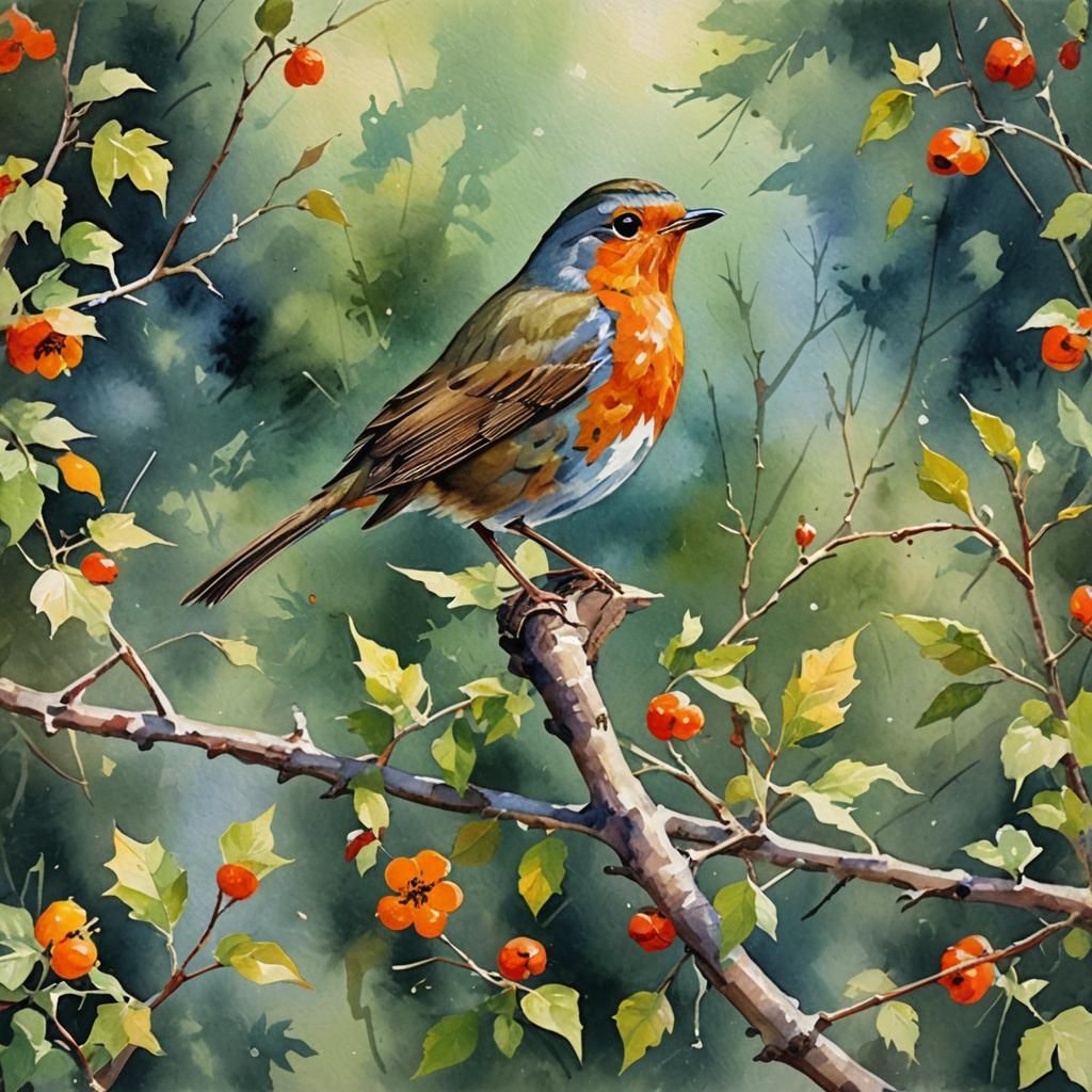Robin in Gouache Style Watercolor Painting
