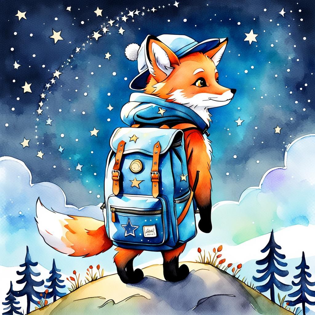 Fox Cub in Watercolor Under a Starry Sky