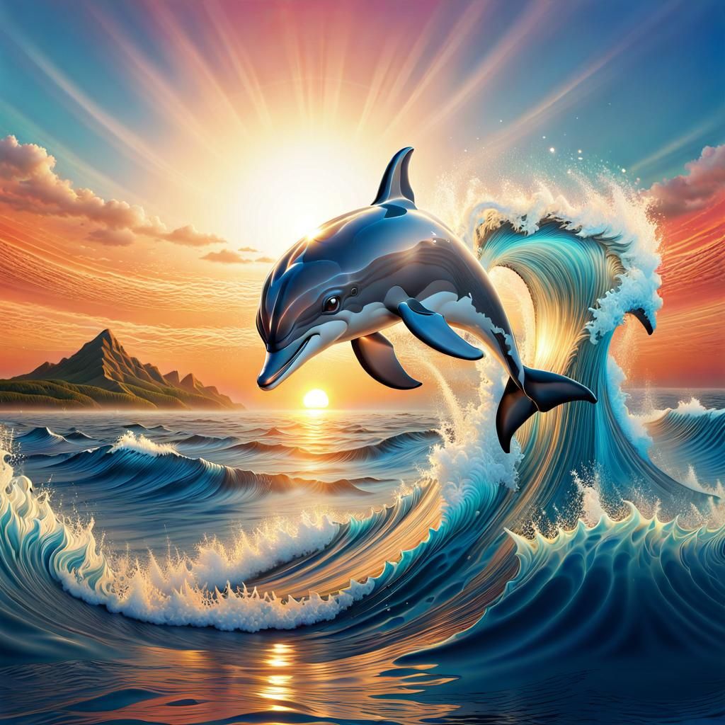 Dolphin Leaps at Sunset: 3D Rendered Detail