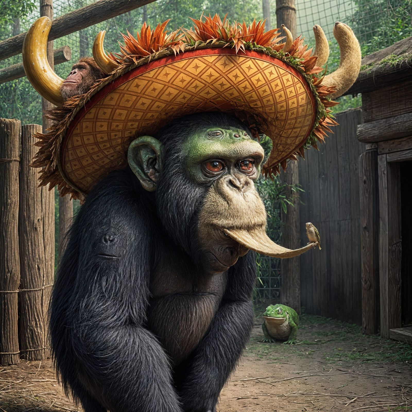 Ape with Sombrero, Moose Horns, and Frog Tongue