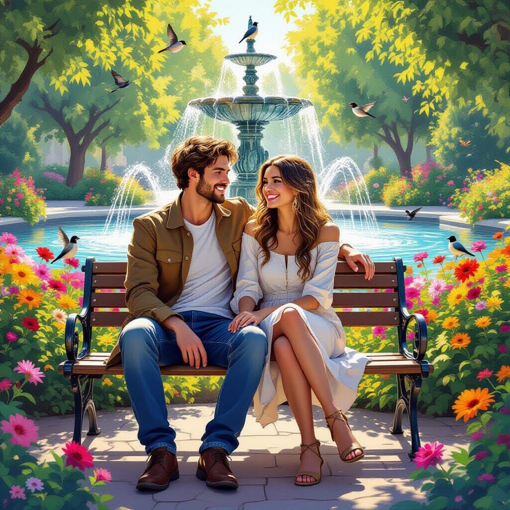 Couple in Vibrant Garden, Hyperrealistic Splash Art