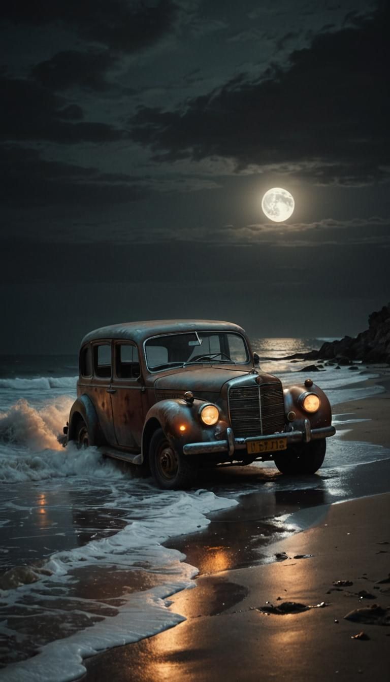 Old Car on Beach in Moonlight: Film Noir Photography