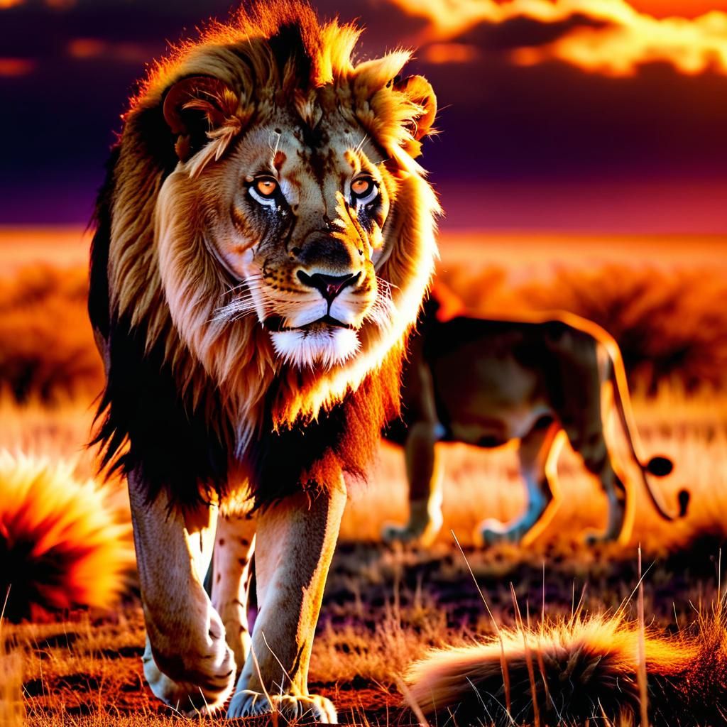 Lion Stalking Prey at Savanna Sunset