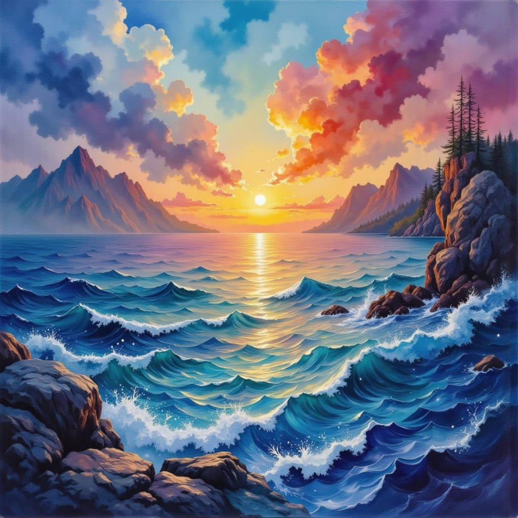 <lora:Four Seasons DE:1.0> <lora:Sea Dream Texture:1.0> <lora:Painted Seascapes II:1.0> "The sea was sapphire coloured, ...