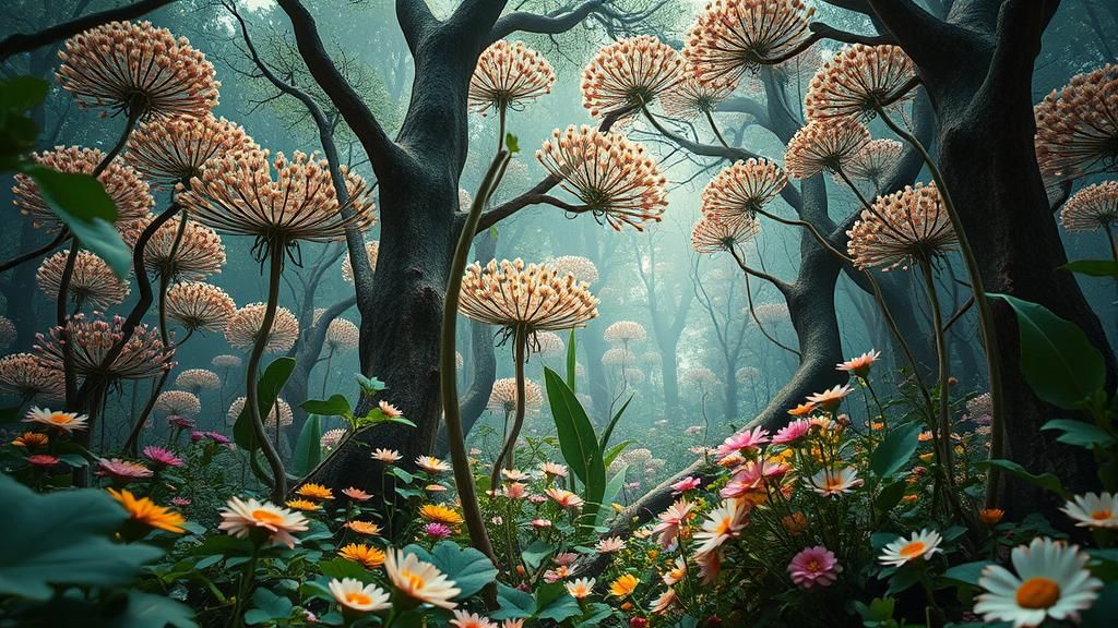 Surreal Stargazing Platform Amidst Flowers and Mycelium