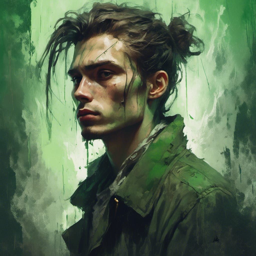 Brooding Young Man in Ominous Green Fog