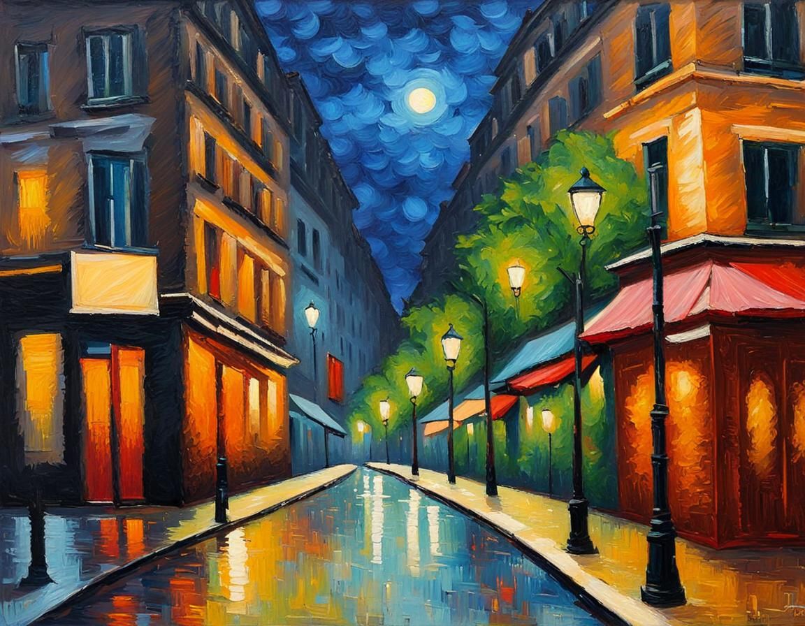 Paris Night Scene: Neo-Impressionist Expressionist Oil Paint...